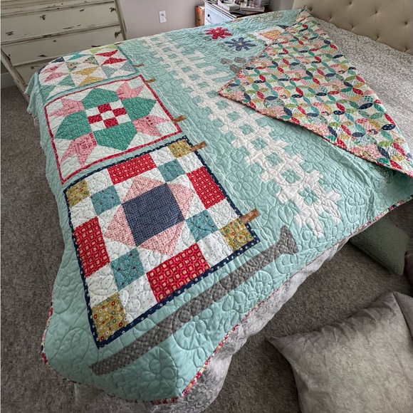 Homemade Aqua Blue Quilted Folk Art Quilt with Geometric Patterns - Picture 8 of 10